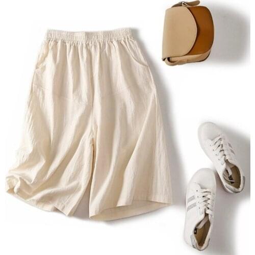 2021 Summer Cotton Linen Womens Shorts Waisted Wide Leg Female Retro Basic Casual Shorts Loose White Straight Short for Girls