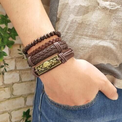 29 Style! 4 Pcs/set Punk Rock Skull Star Multi Charm Bracelet For Women Men Gothic Jewelry Braided Rope Leather Bracelet Men