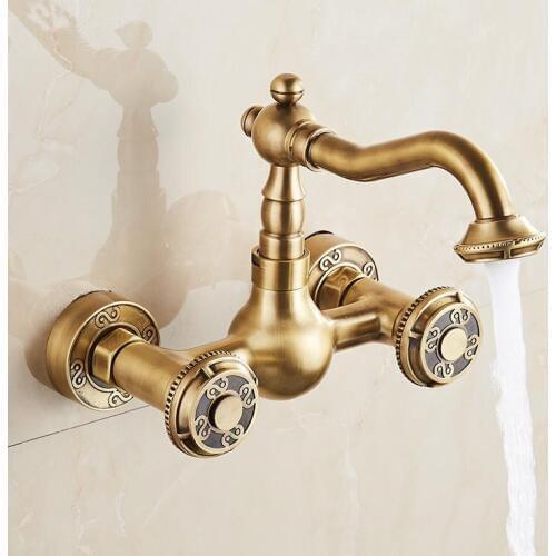 Antique Brass 360 Rotation Sink Faucet Torneira Wall Mounted Crane Double Handle Bathroom Basin Mixer Tap Cold And Hot