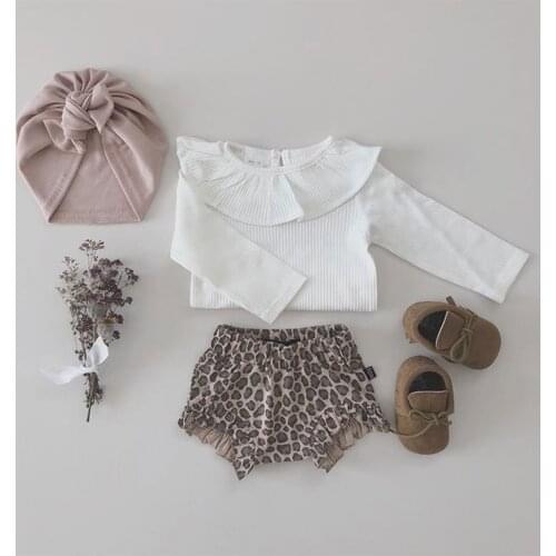 Two Piece Baby Girls' Clothes Fashion Solid Color Long Sleeve Romper and Leopard Short Pants