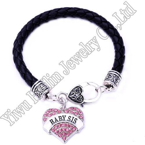 Baby Sis Heart leather Bracelet Crystal Family Member Sister Series Lobster Claw Bracelets Jewelry