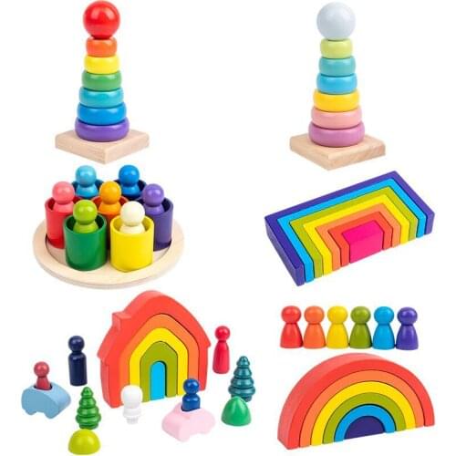 Baby Wooden Rainbow Building Blocks Toy Montessori Educational Toy For Children Kids Creative Rainbow Building Blocks Toy Set