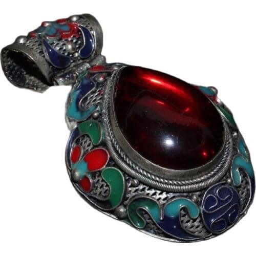 Chinese Old Craft Made Old Tibetan Silver Cloisonne Inlaid Zircon Pendant