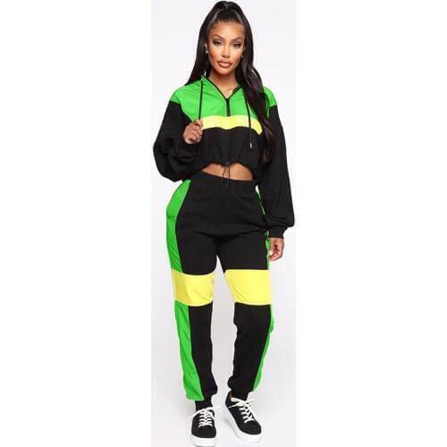 2 TWO PIECE SET Hoodie Crop Top Drawstring Women Tracksuit Patchwork Jogger Pants Plus Size Sweat Suit Female Sweatsuits Autumn