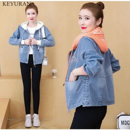 New arrival Boyfriend Patch Designs Hooded Jacket Denim Coat Women outwear Jean Jackets 2021 Button Up Casual Patchwork Jacket