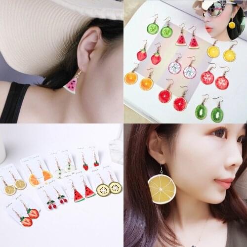 Korean Fashion Fruit Pendant Earrings Girly sweet and cute simulation watermelon lemon ear hook Fruit jewelry