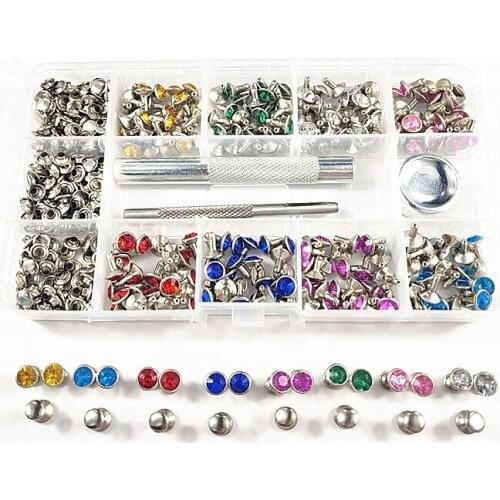 240 pcs 7mm colorful rhinestone inlaid garment rivets kit and install tools screws studs bag, shoe,jeans,leather diy accessories