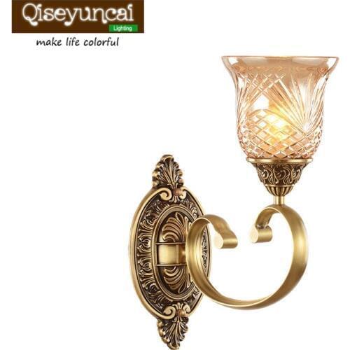 Qiseyuncai European-style copper wall lamp bedroom bedside copper lamp warm living room TV wall aisle corridor staircase light