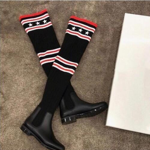 New Fashion Women Stripe Star Sock Boots Round Toe Ladies Chelsea Boots Female Knit Stretch Thigh Boot Over The Knee Boots
