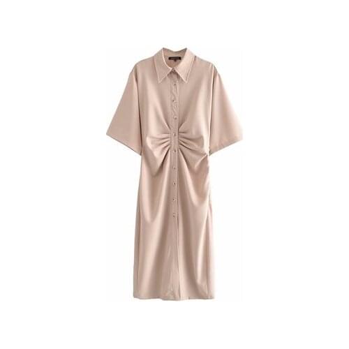 New Women Chic Fashion Button-up Draped Midi Shirt Folds Dress Vintage Short Sleeve Side Zipper Female Dresses Vestidos