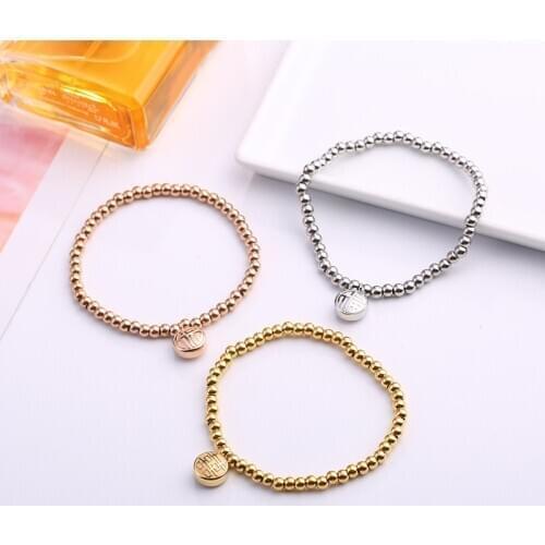Gold plated Stainless steel beads bracelet bangle women, simple Elastic rope charm round bracelets bangles fashion jewelry