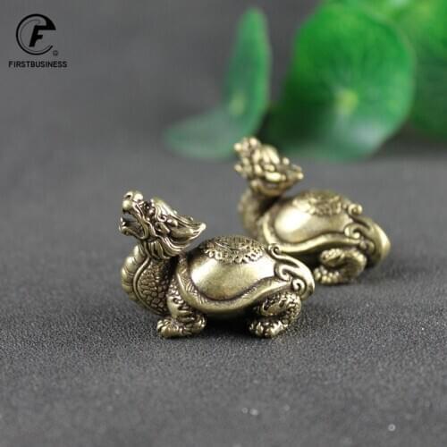 Retro Brass Mythical Beast Dragon Head Turtle Body Figurines Miniatures Heavy Copper Lucky Animal Statue Desktop Ornament Decors