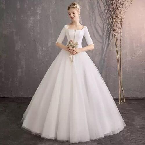 Wedding Dresses Illusion Square Collar Half Backless Tulle Lace Luxury White Floor-Length Elegant Vintage Lady Bridal Gown GB488