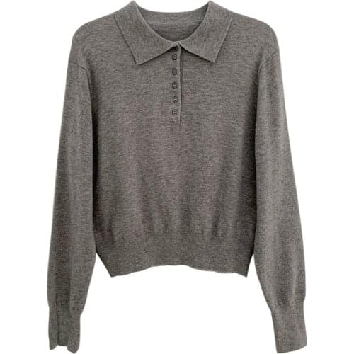 Polo Sweater Women Casual Knitted Cropped Pullover Sweater With Collar