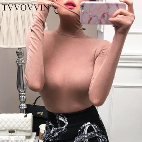 TVVOVVIN Korean Sexy Micro-through Slim Fit Turtleneck Tencel Base Bottom Shirt T-SHIRT Women 2020 New Autumn 2W02