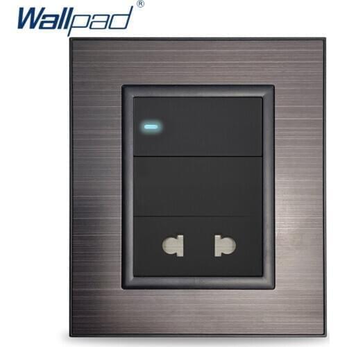 Wallpad 1 Gang 2 Way With LED Indicator 2 Pin Socket Black Stainless Steel Panel Wall Electric Power Outlet 10A AC 110~250V