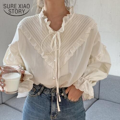 2021 New Korean Style Solid Long Lantern Sleeve Women Blouse Loose Clothing Cotton Vintage Elegant Tops Women Shirt Blusas 9580