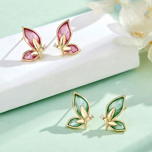 Vintage Fairy Tale Crystal Butterfly Stud Earrings for Women Cute Gold Color Oil Statement Earrings Party Wedding Bridal Jewelry