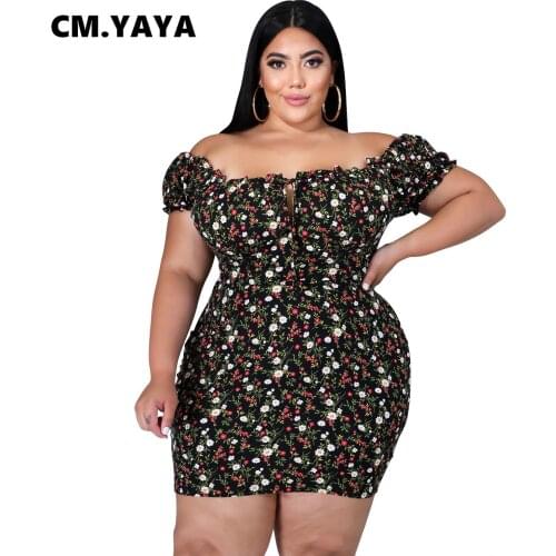 CM.YAYA Plus Size XL-5XL Floral Print Dresses Short Sleeve Mini A-line O-neck Dress Women Beach Slash Neck Night Club Vestidos