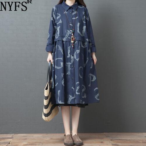 NYFS 2020 New Autumn Women dress Vintage Loose Long sleeve Long Dress Printing Dresses Vestidos Robe