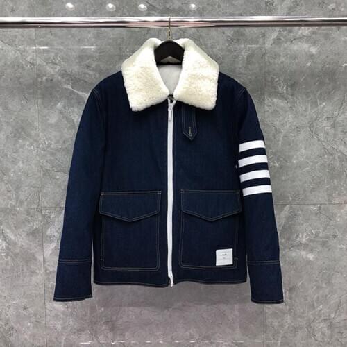 2021 Fashion Brand Coats Men Patchwork Denim Striped Thick Casual Wool Collar Winter Clothing Down Jacket