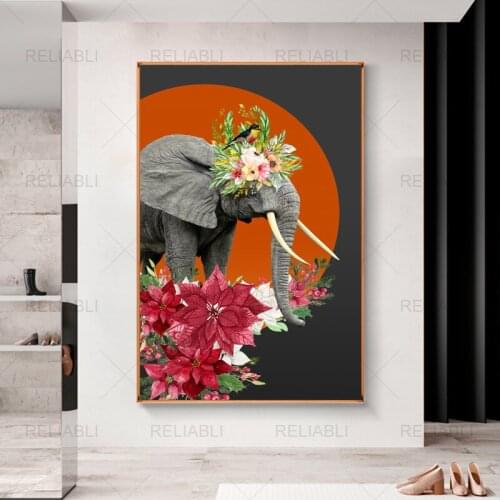 Abstract Elephant with Flowers Animal Posters and Prints Modern Canvas Painting Wall Pictures for Gallery Home Decor No Frame