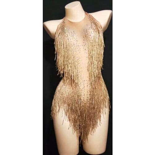 Sparkly Rhinestone Fringes Bodysuit Women Nightclub Outfit Glisten Beads Dance Costume One-piece Dance Wear Singer Stage Leotard