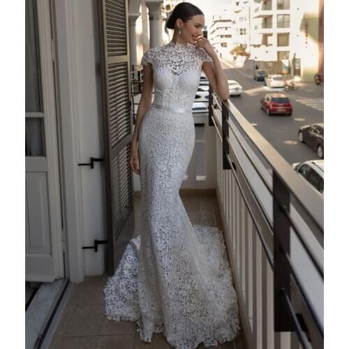 Verngo Elegant Full Lace Mermaid Wedding Dress For Bride 2021 High Neck Short Cap Sleeves Floor Length Modest Bridal Gown