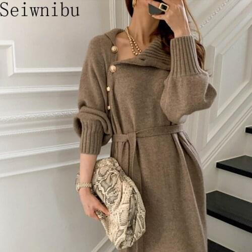 Seiwnibu Elegant Turtleneck Women Sweater Midi Dress 2020 Full Sleeve Loose Lace-up Female Knitted Straight Dress Autumn Winter
