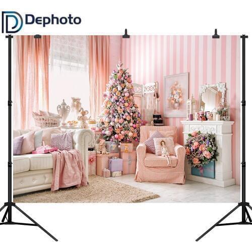 Dephoto Fireplace Sofa Pink Christmas Tree Decor Photography Backgrounds Customized Photographic Backdrops For Photo Studio