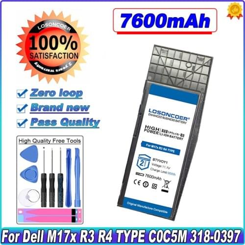 LOSONCOER 7600mAh BTYVOY1 Laptop Battery For Dell Alienware M17x R3 R4 05WP5W CN-07XC9N 7XC9N TYPE C0C5M 318-0397 5WP5W Battery