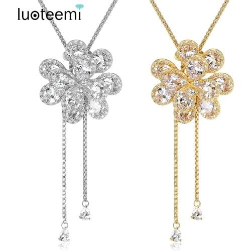 LUOTEEMI Vintage Clear CZ Flower Y Adjustable Rope with Slider Stopper Chain Necklace For Women Champagne Gold Color Jewelry