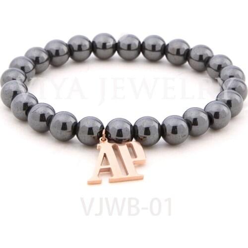 Customize Fashion Ges Onyx/Lava /Tiger Eyes/Hematite Strand Beads Elastic Bracelet With Charms Rose AP Best Men Beaded Bracelet