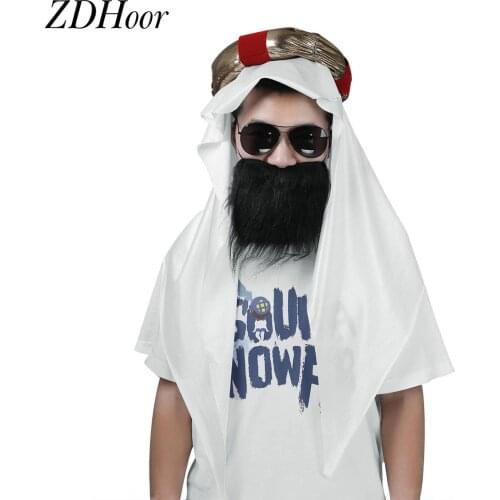 Men Keffiyeh Arabic Muslim Headpiece Head Scarf Halloween Cosplay ccCostume Party Desert Prince Headdress with Mustache