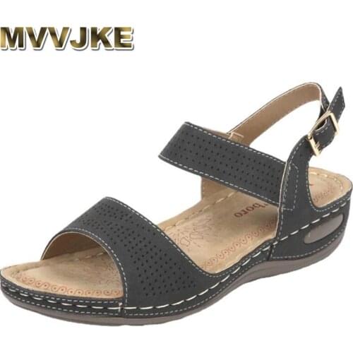 MVVJKEFashion Buckle Peep Toe Wedge Women Sandals Roman Style Summer Shoes Hollow Breathable Sandal Solid Color Vintage Sandals