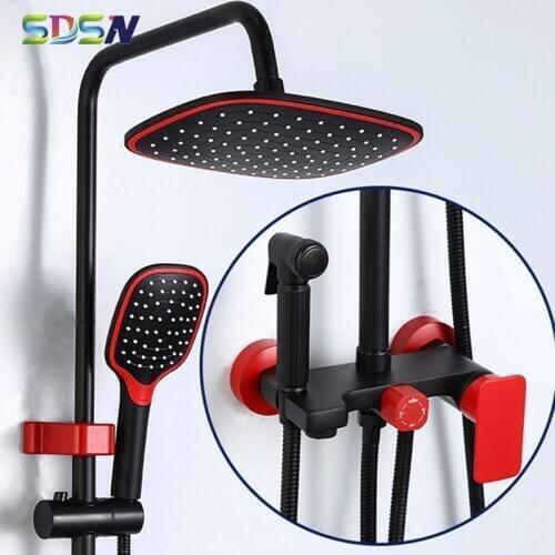Red Bathroom Shower Set of Rainfall Shower Head Basss Batthtub Faucet Hot Cold Mixer Tap Wall Mounted Red Black Bath Shower Set