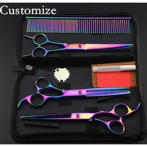 Customize 4 kits Rainbow Pet 7 inch shears dog grooming hair scissors thinning clipper cutting barber set hairdressing scissors