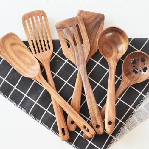 Kitchen Tool Set Thailand Teak Natural Wood Tableware Spoon Ladle Turner Long Rice Colander Soup Skimmer Cooking Spoons Scoop