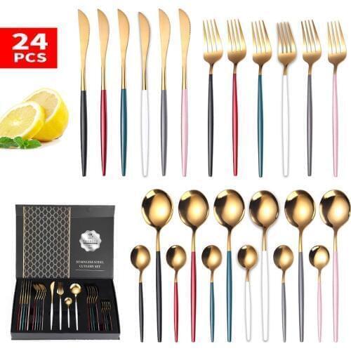 Hot Portuguese style gold 24pcs giftbox 304 stainless steel tableware set knife fork table spoon Kitchenware dining dinnerware
