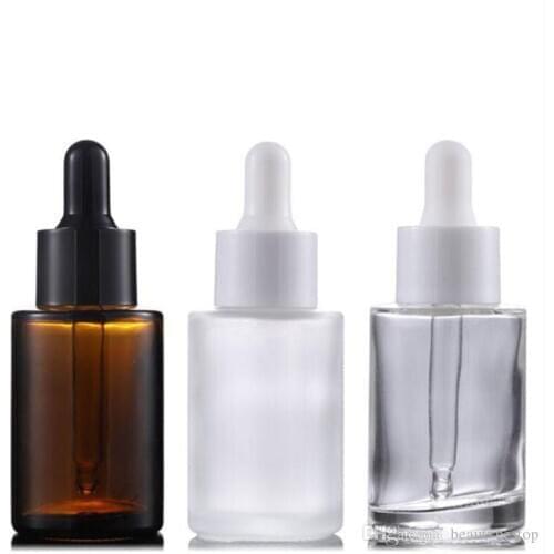 Wholesale 30ml Flat Shoulder Frosted Clear Amber Glass Round Essential Oil Serum Bottle With Glass Dropper for cosmetics essence