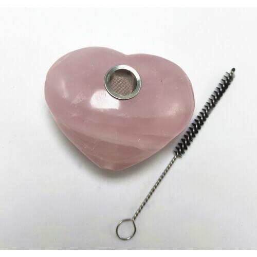 Drop Shipping Natural rose quartz heart smoky pipes crystal pipe with filter and cleaning brush healing