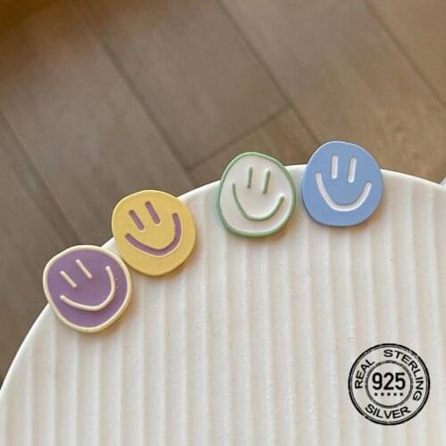 S925 Silver Needle Macarons Stud Earrings For Women Sweet Smiley Face Asymmetric Fashion New Trendy Hot Girl Gift Jewelry INEFFA