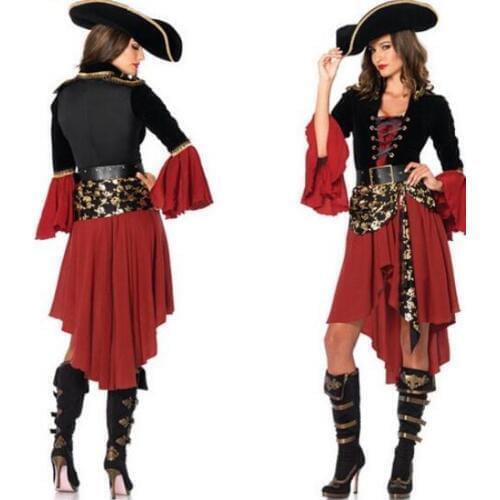 Cosplay Party Pirates of The Caribbean Clothes Red Women Sexy Uniform Adult Carnival Halloween Party Costume Dress&hat&belt