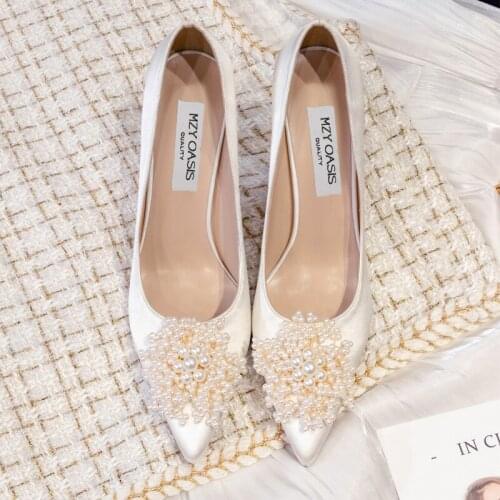 New Arrival Pointed Toe Wedding Shoes Woman High Heeled Pumps Thin Heel 8cm Party Dress Shoes Beading Sandalias Mujer