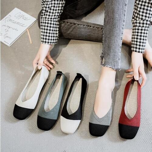 Women Slip On Flat Loafers Maternity shoes Square Toe Shallow Ballet Flats Shoes knitting Casual Flat Shoes Ballerina Flats