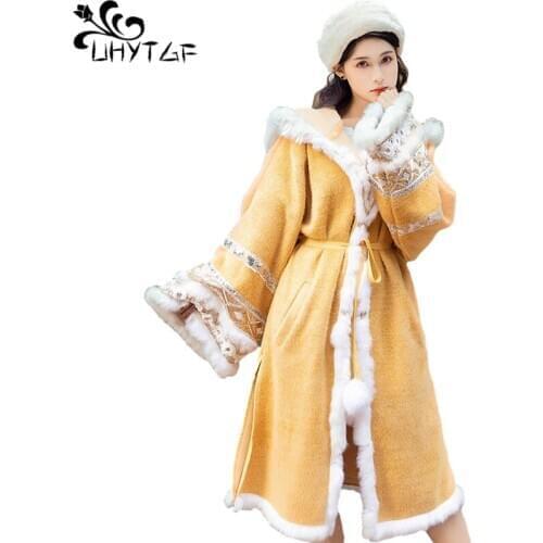UHYTGF Spring Autumn Clothes Coat Women National Wind Trench Coat Female Plus Size Rabbit Fur Hooded Long Coat Manteau Femme 935