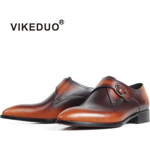 VIKEDUO 2020 New Monk Strap Shoes For Men Patina Hand Made Genuine Leather Man Footwear Pointed Toe Wedding Office Zapato Hombre