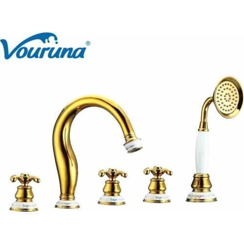 VOURUNA Luxury Golden Deck Mounted 5 Hole Tub Shower Faucet Bathtub Mixer Filler Taps