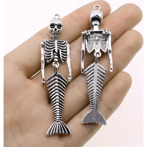WYSIWYG 2pcs Retro Style Arm Adjustable Mermaid Skeleton Pendant Punk Necklaces DIY Charm Metal Jewelry Crafts Making 18x74mm