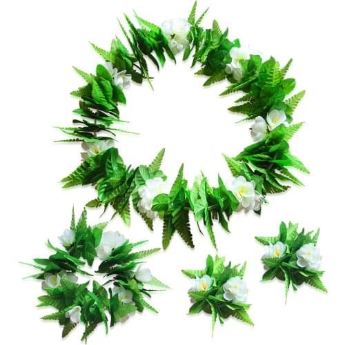 Green Hawaiian Wreath 4pcs/Set Artificial Leaf Garland Necklace Bracelet Fancy Dress Wedding Party Hawaii Beach Stage Costume